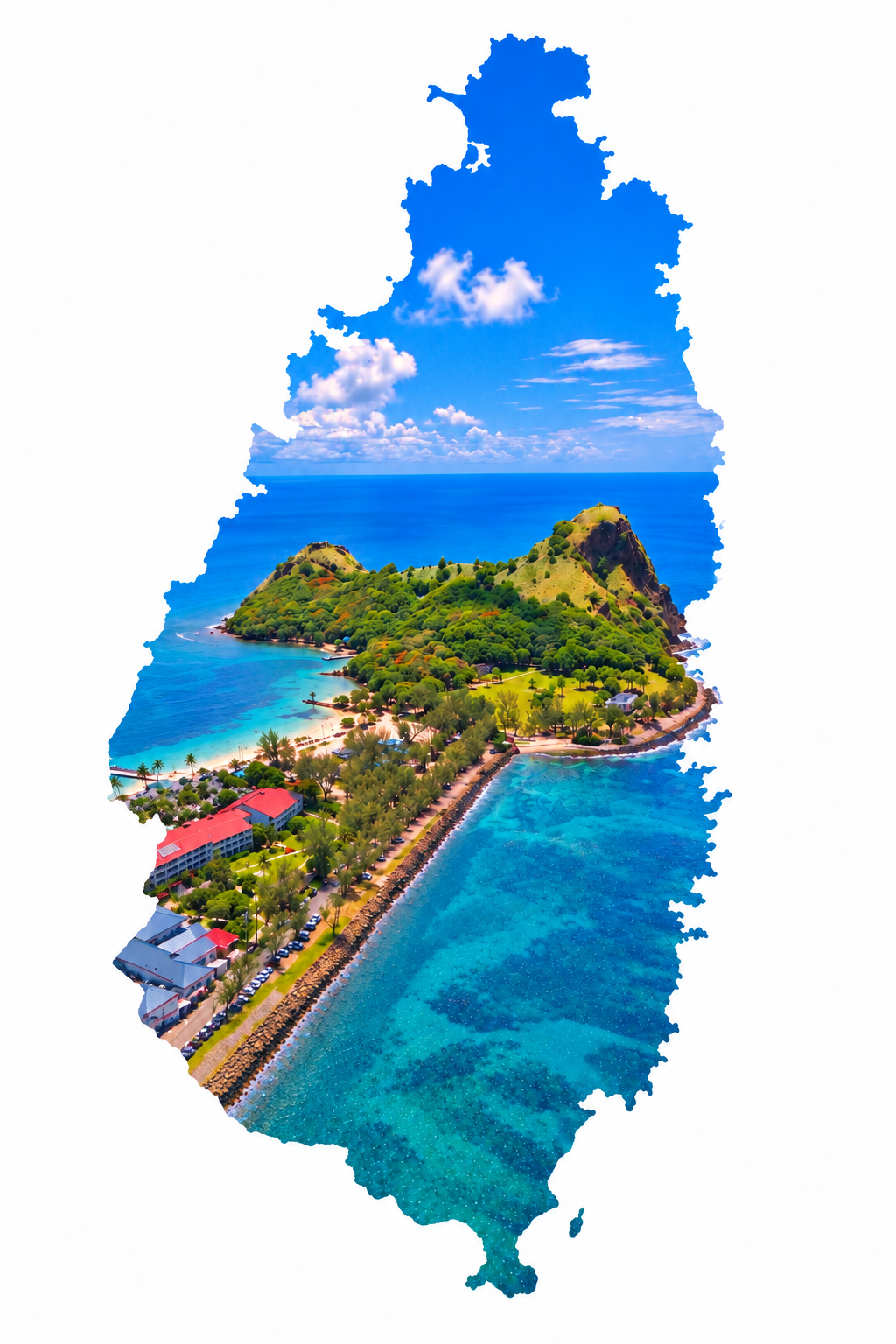 Pigeon Island and the Caribbean Sea framed within the outline of Saint Lucia