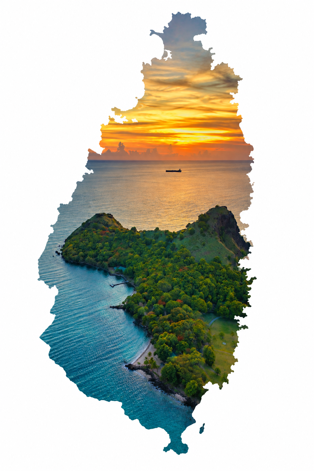 Pigeon Island, a ship and the Caribbean sunset framed within the outline of Saint Lucia